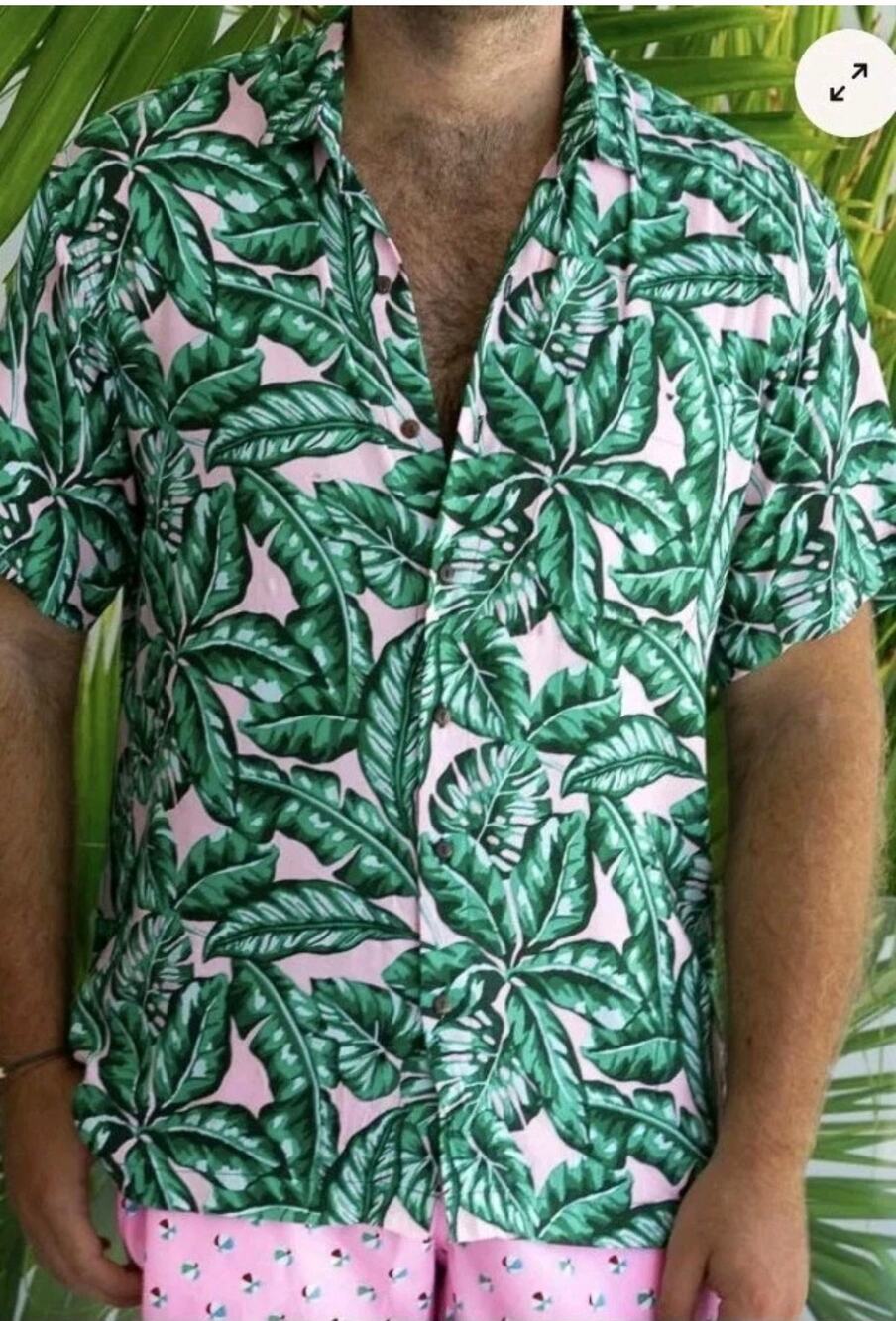 Kenny Flowers Island Classics Hawaiian Shirt Pink Green Leaf L